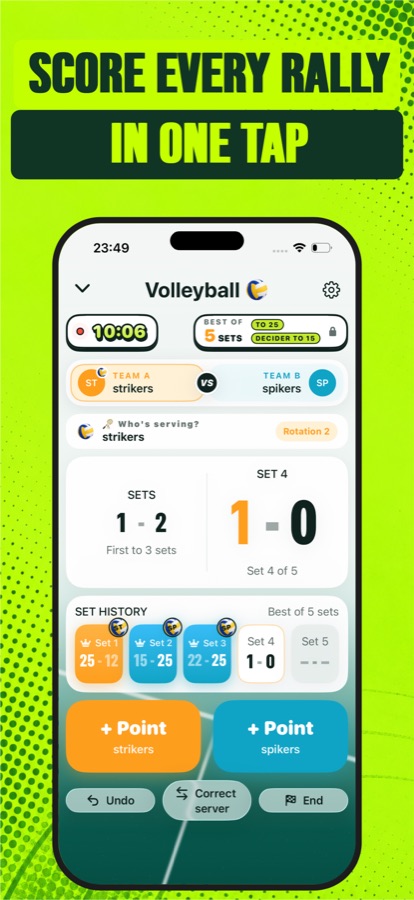 Screenshot der Volleyball-Anzeigetafel-App