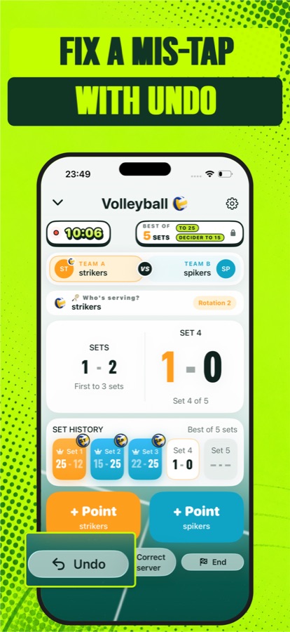 Screenshot der Volleyball-Anzeigetafel-App